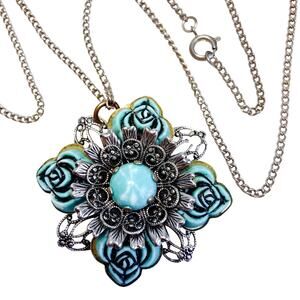 Vintage Lucite Rose Floral Necklace Glass Cabochon Filigree Medallion Pendant